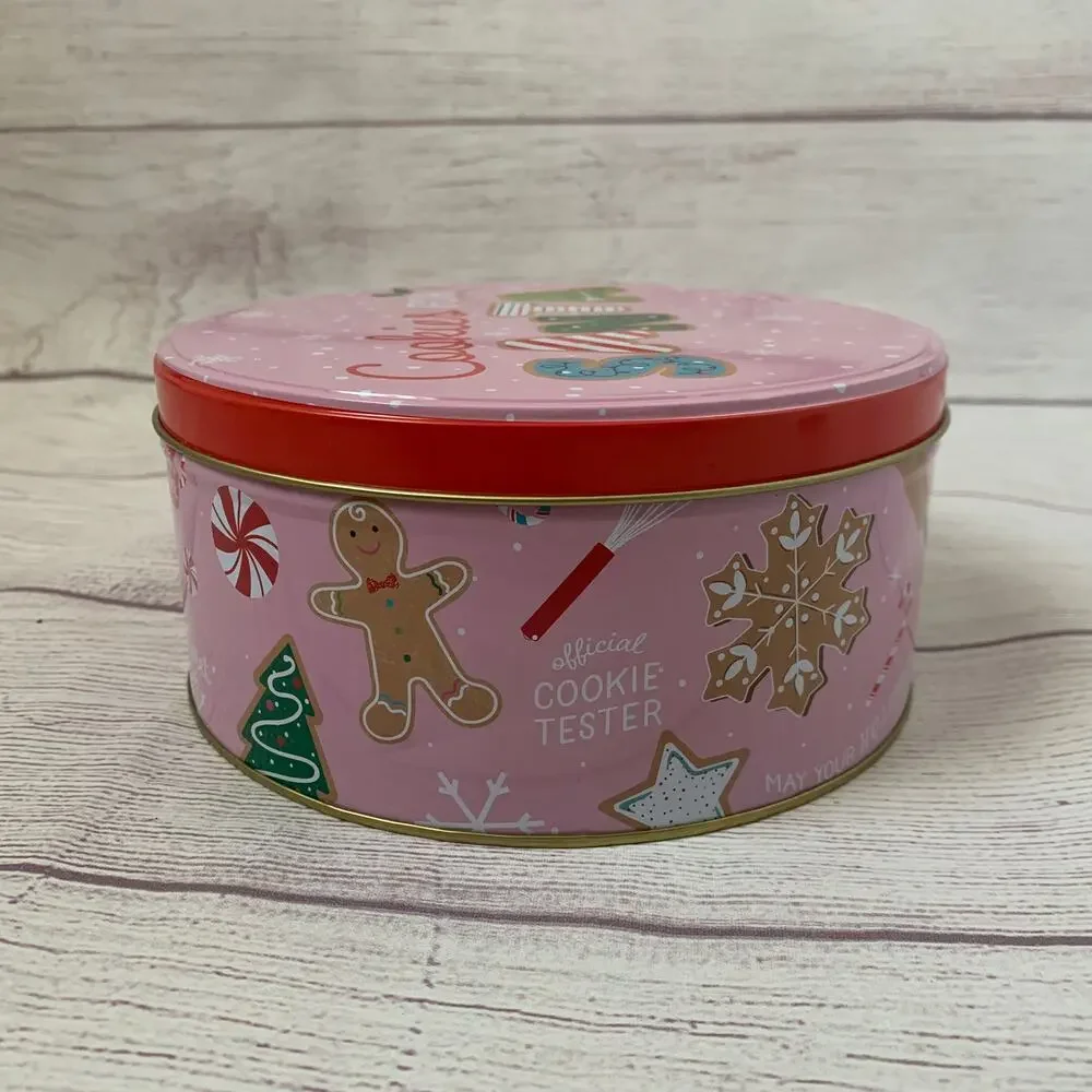 Vintage Pink Christmas Cookies for Santa Tin Empty Metal Storage Box Snowflakes
